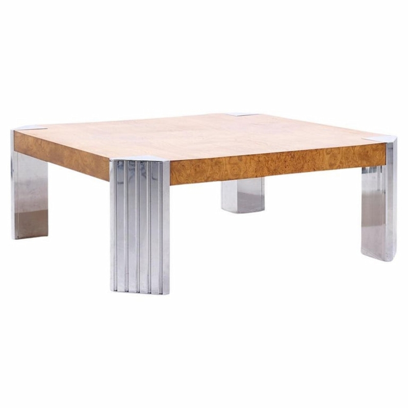 Square Coffee Table featuring Ribbed Chrome Legs and Burlwood Top