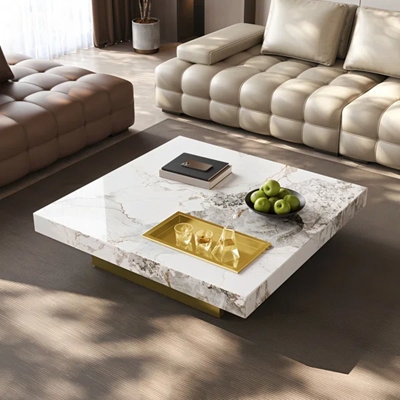 Square Coffee Table: Glossy White Marble Top, Gold Plinth Base