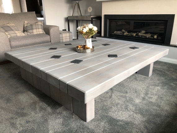 Square Coffee Table: Grey Sleeper Coffee Table, Chunky Legs, Planked Top