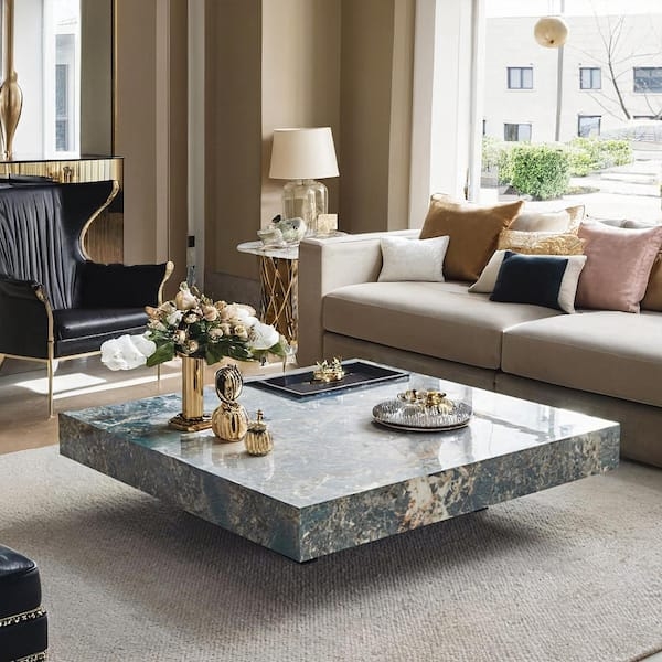 Square Coffee Table, Marbled Green Polished Stone, Monolithic Form.
