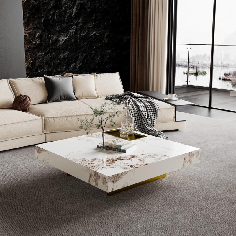 Square Coffee Table: Marbled Sintered Stone Table, Golden Pedestal Base