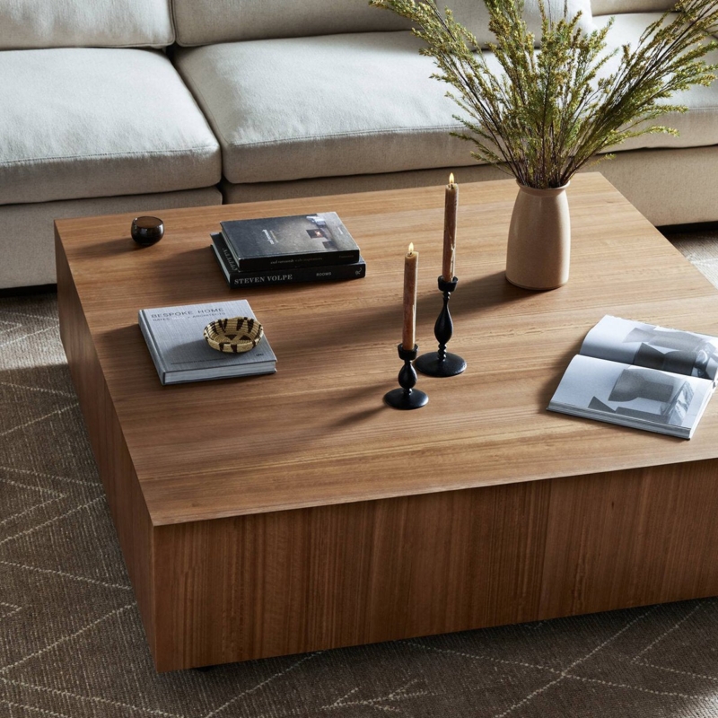 Square Coffee Table: Modern Plinth Coffee Table, Natural Oak Mitered Edges