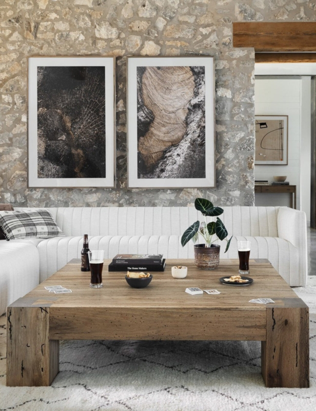 Square Coffee Table: Rustic Wormwood Oak, Oversized Block Legs