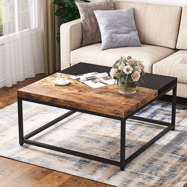 Square Coffee Table: Two-Tone Cocktail Table, Walnut and Black Metal Frame