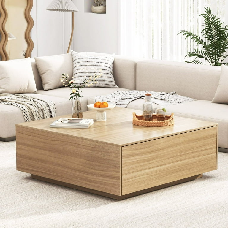 Square Coffee Table: Wood Grain Storage, Integrated Drawers, Plinth Base