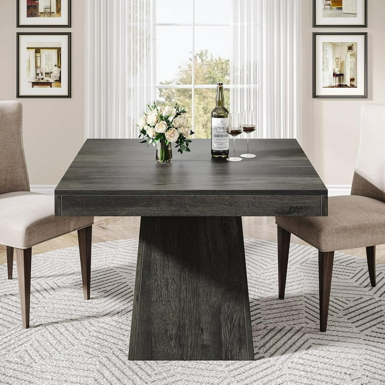 Square Dining Table Dark Gray Wood Grain Finish Tapered Base