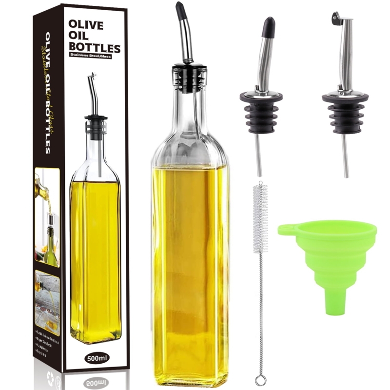 Square Glass Oil Bottle Set Includes Collapsible Funnel
