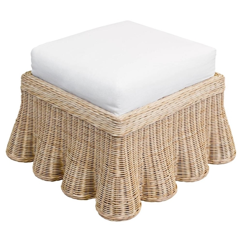 Square Ottoman with Ruffled Base, Fluted Silhouette Rattan Seat, White Cushion