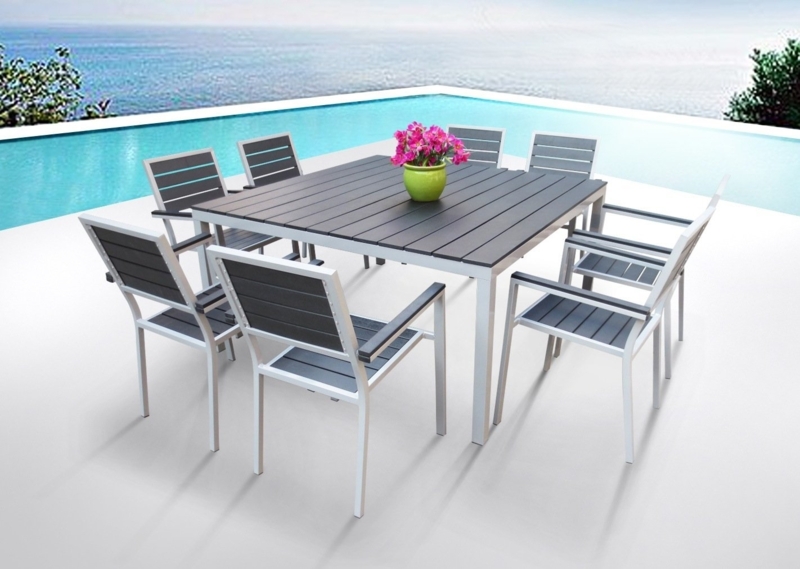 Square Outdoor Dining Set Charcoal Slat Top Brushed Metal Frame Eight Seater