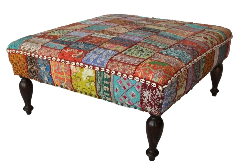 Square Patchwork Ottoman: Cowrie Shell Border Trim & Dark Legs
