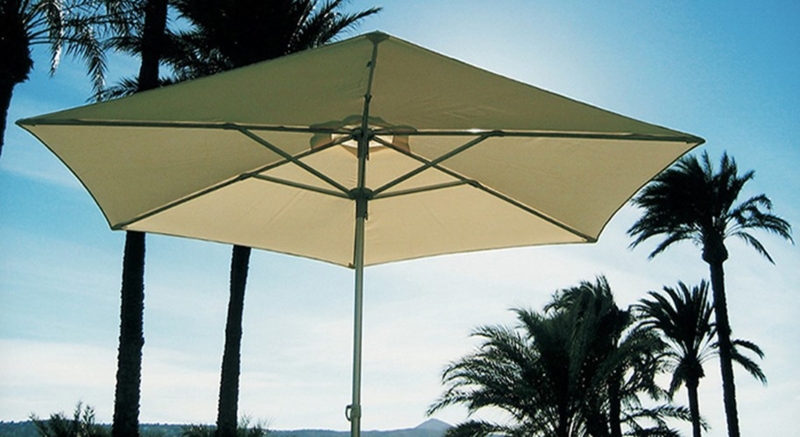 Square Patio Umbrella Warm Beige Matte Metal Frame Minimalist Shade