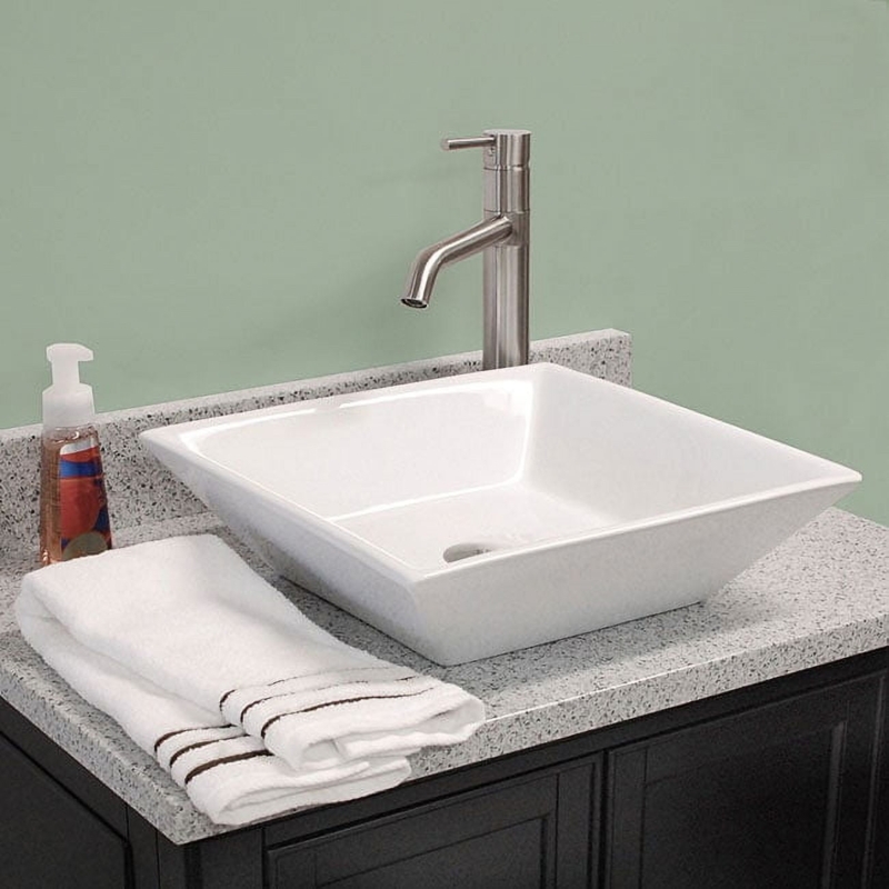 Square Porcelain Vessel Sink: Shallow Tapered White Basin