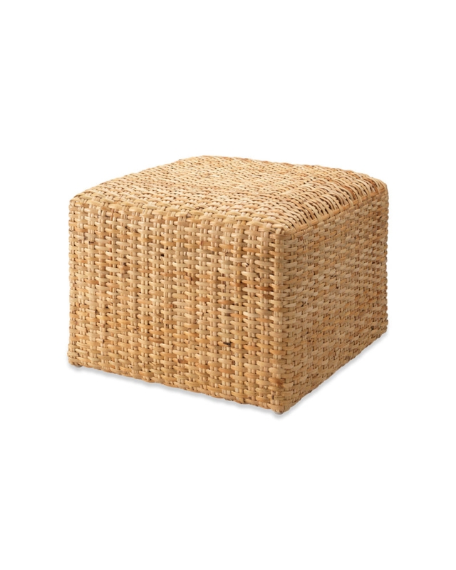Square Pouf in Honey Tan Rattan, Basketweave Texture Stool