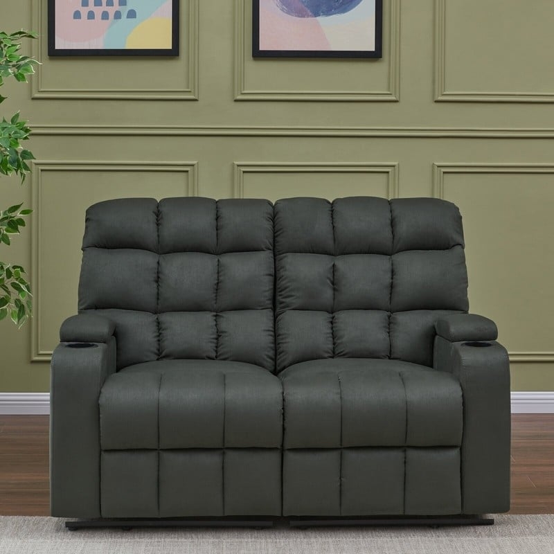 Square Tufted Reclining Loveseat: Charcoal Grey, Split Backrest