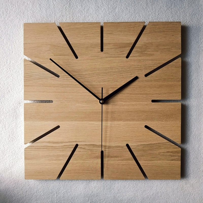 Square Wall Clock Oak Wood Linear Cutouts Minimalist Design