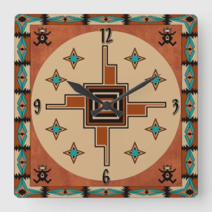 Square Wall Clock: Terracotta Geometric Motifs with Turquoise Accents