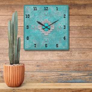 Square Wall Clock: Turquoise Stone Texture, Geometric Stepped Design