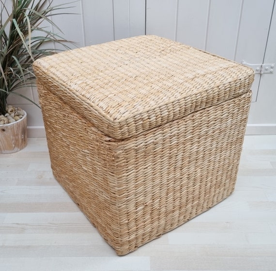 Square Wicker Storage Ottoman Natural Woven Texture Lid
