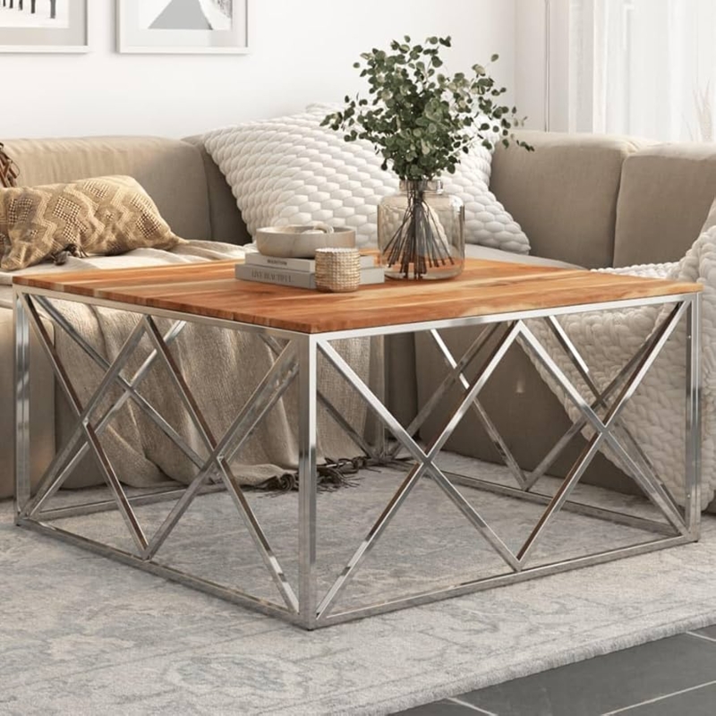 Square Wood Coffee Table with Silver Geometric Diamond Lattice Base