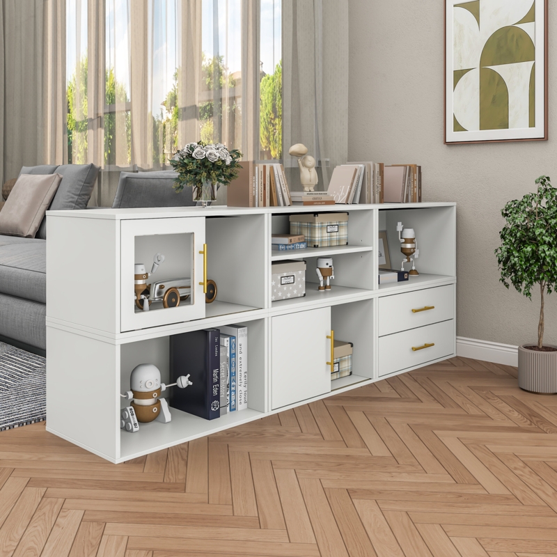 Stackable Bookcase Gold Slim Handles, Glass Display Door, Matte White