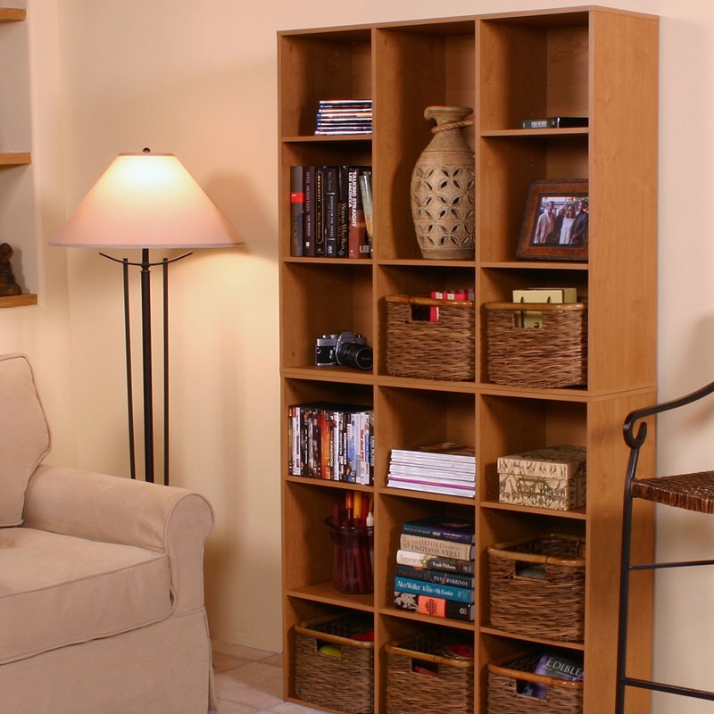 Stackable Bookcase in Honey Oak with Woven Basket Organization