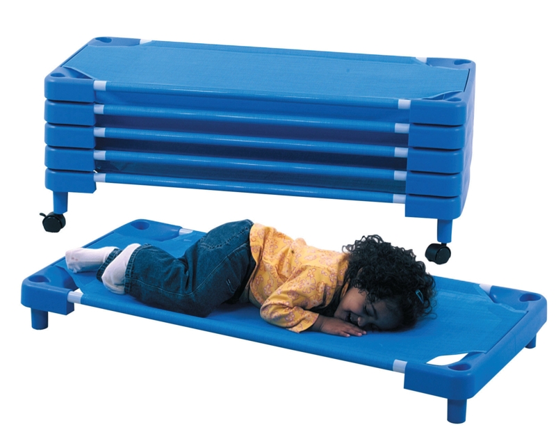 Stackable Cots, Rolling Casters, Royal Blue Mesh, Low Profile.