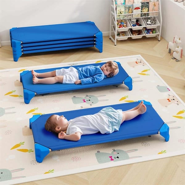 Stackable Daycare Cots, Elevated Frame, Bright Blue, Rounded Corners.