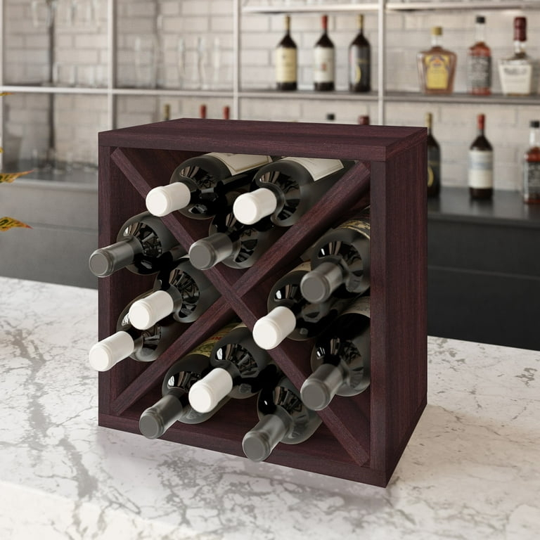 Stackable Wine Rack Cube in Espresso Brown Finish with X-Divider.