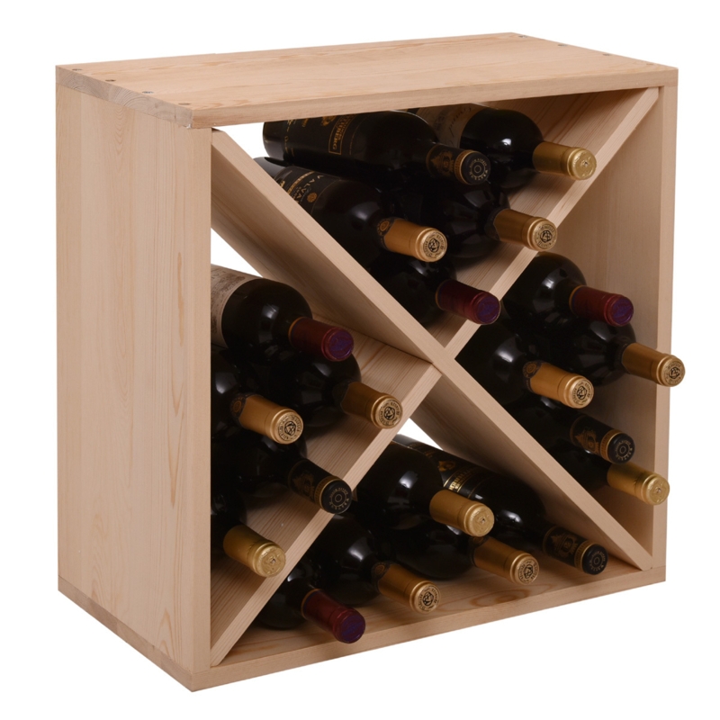Stackable Wine Rack Cube, Natural Wood Bottle Holder with X-Divider.