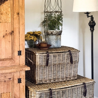 Stacked Rattan Storage Trunks with Buckle Straps