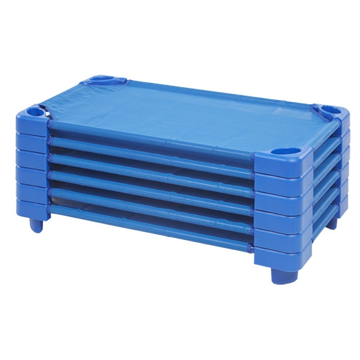 Stacking Nap Cots, Tubular Frame, Royal Blue, Nested Legs.
