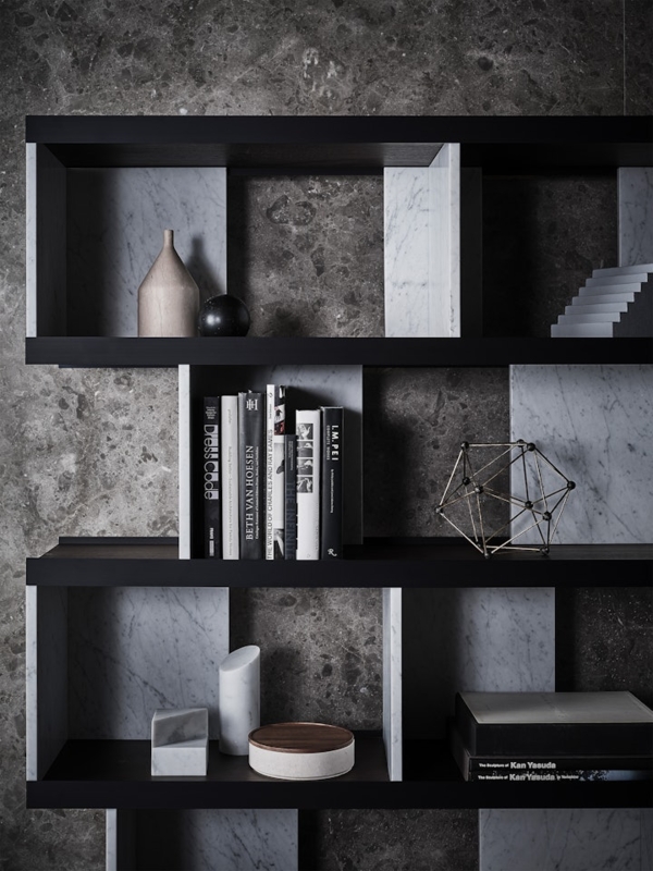 Staggered Marble and Black Bookcase with Architectural Dividers