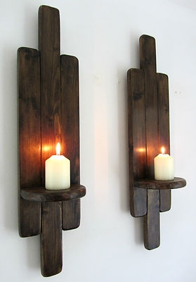 Staggered Plank Wall Sconce Set, Espresso Brown, Semi-Circular Shelf
