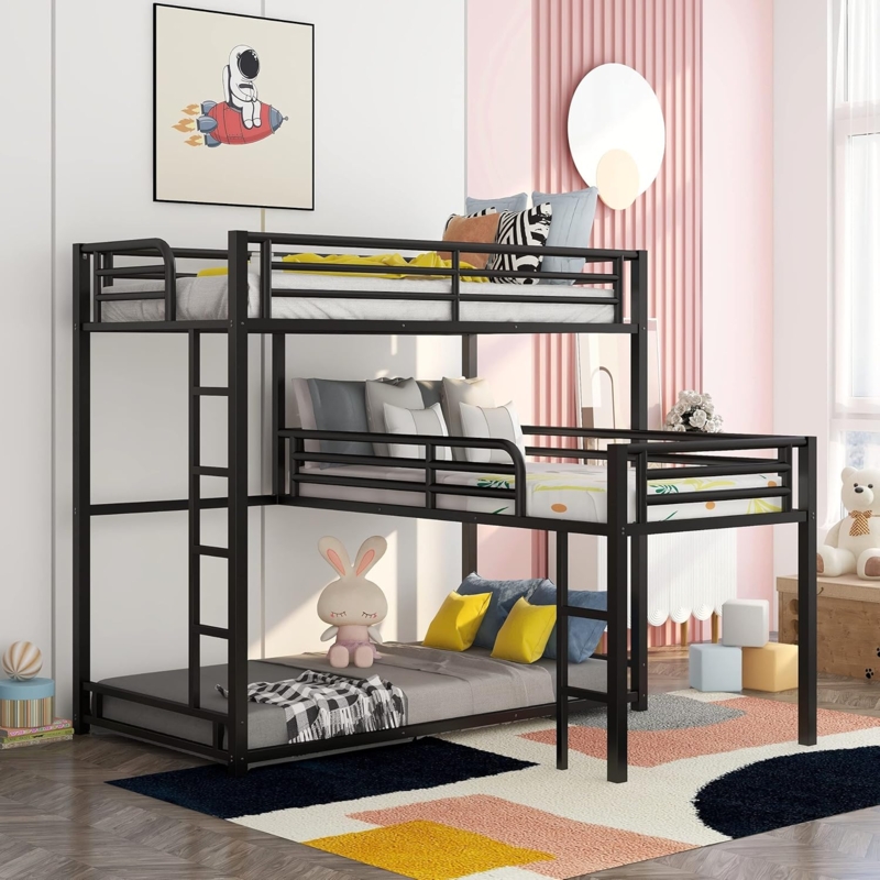 Staggered Triple Bunk Bed L-Shaped Metal Frame