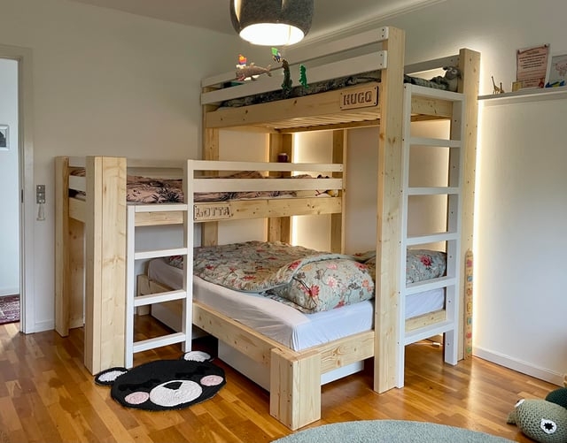 Staggered Triple Bunk Bed, Natural Wood, Integrated LED Lighting