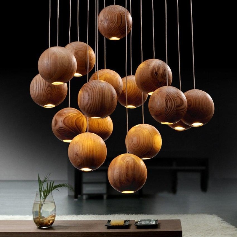 Staggered Wood Globe Chandelier Spherical Pendant Cluster Light