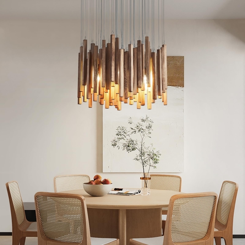 Staggered Wood Slat Chandelier Rustic Dining Light Fixture