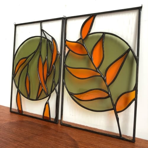 Stained Glass Art Botanical Motif Leaded Glass Mid-Century