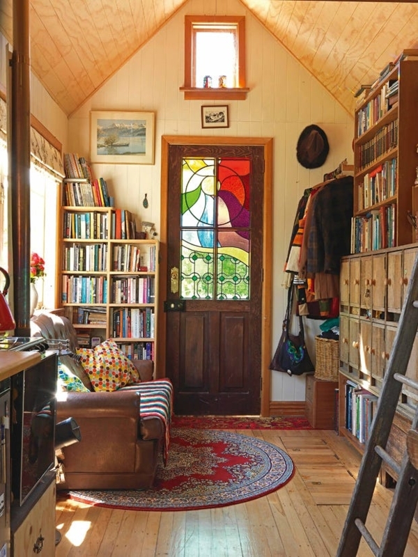 Stained Glass Door Vaulted Ceiling Built In Shelving Rustic Bookshelf Wall