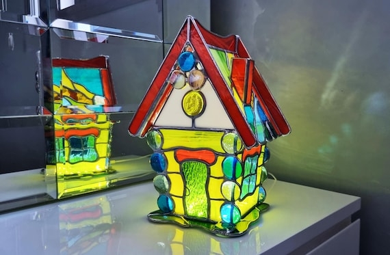 Stained Glass Lamp House Shape Gabled Roof Primary Colors Whimsical