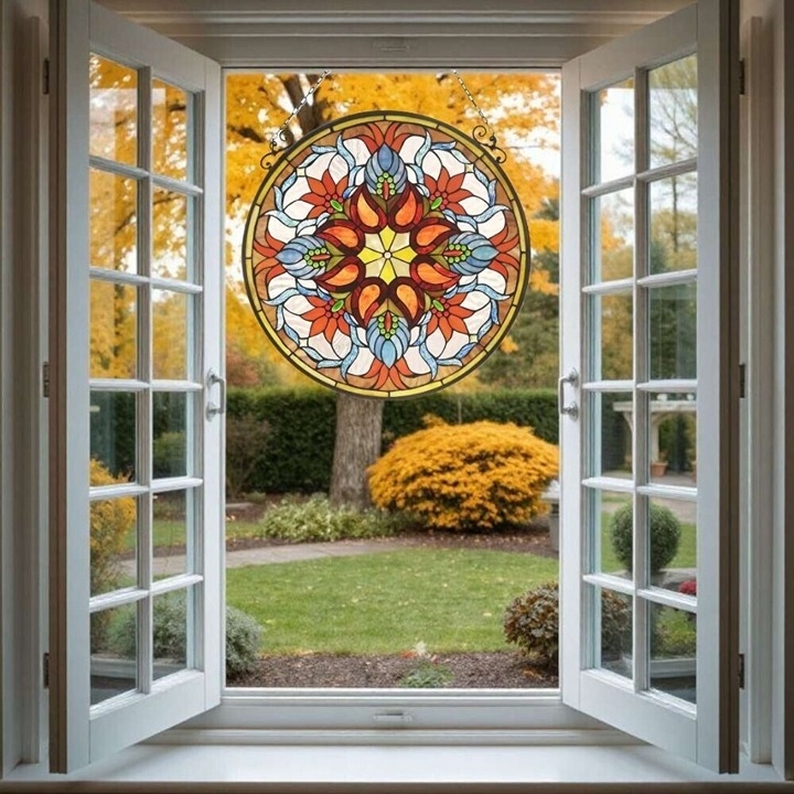 Stained Glass Panel 24-Inch Diameter, Symmetrical Floral Mandala.