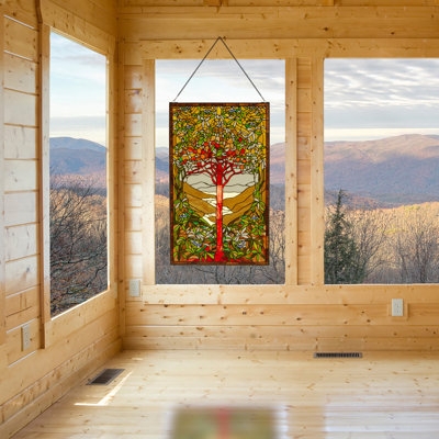 Stained Glass Panel 48-Inch Height, Red Tree Trunk, Landscape.