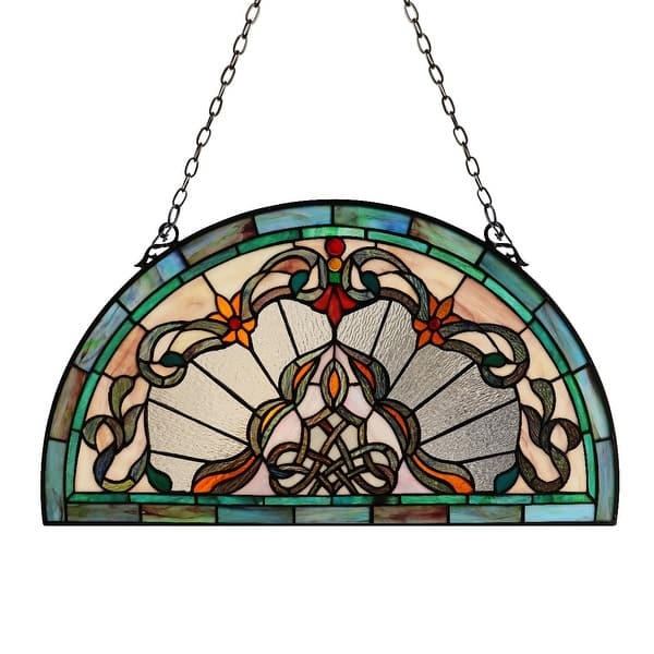 Stained Glass Panel Arched Silhouette Victorian Teal Amber Scrolling