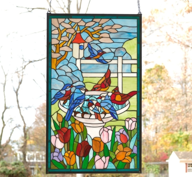 Stained Glass Panel Bird Bath Design, Tulip Base, Hand-Soldered.