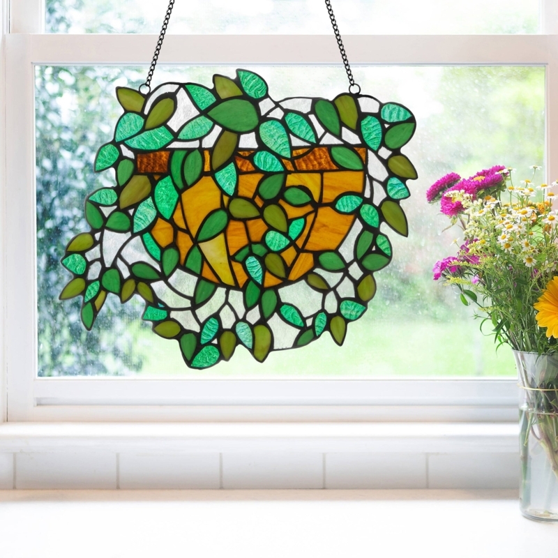 Stained Glass Panel Cascading Vine Design, Textured Art Glass.