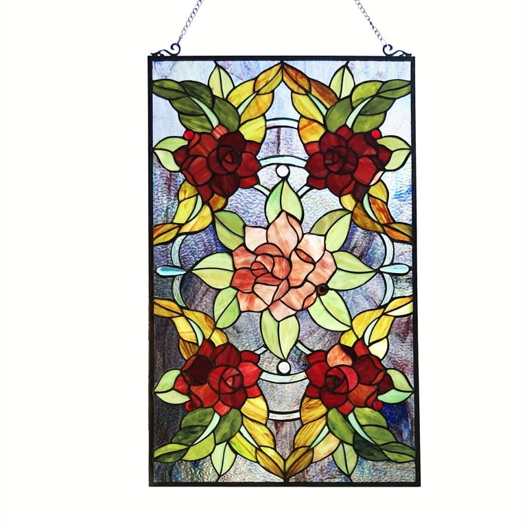 Stained Glass Panel Central Rose Floral Motif, Symmetrical.