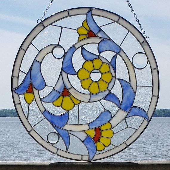 Stained Glass Panel Circular Marbled Blue Glass Victorian Floral