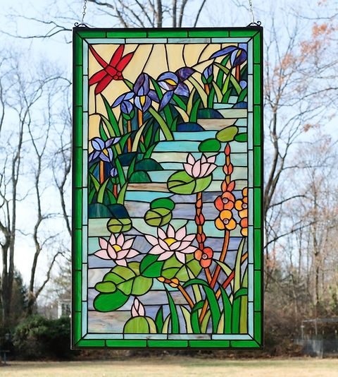 Stained Glass Panel Dragonfly Motif, Water Lily Design, Leaded.