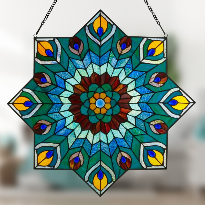 Stained Glass Panel Eight-Pointed Star, Peacock Feather Motif.
