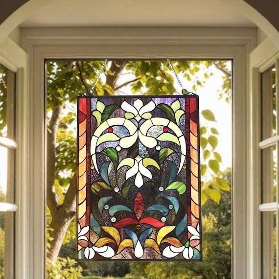 Stained Glass Panel Jewel-Toned Fleur-de-Lis, Suncatcher.